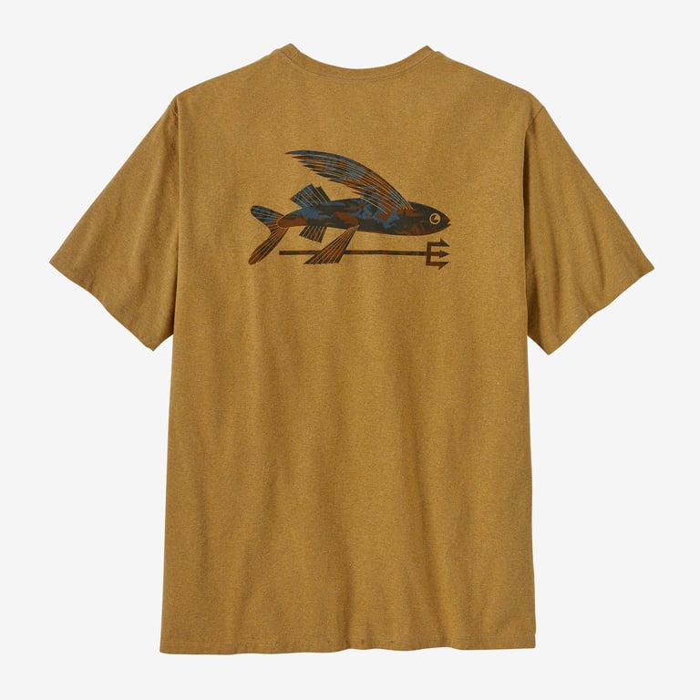 Patagonia Men’s Flying Fish Responsibili-Tee in Cliffs and Waves Pufferfish Gold, Extra Large - Logo T-Shirts - Recycled Cotton/Polyester